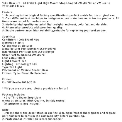 Luce di stop posteriore a LED per VW Beetle 2012-2019, terza luce di stop, montaggio alto, 5C5945097B