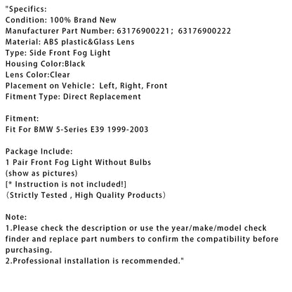 Coppia di fendinebbia anteriori per paraurti BMW E39 Serie 5 1999-2003 senza lampadine