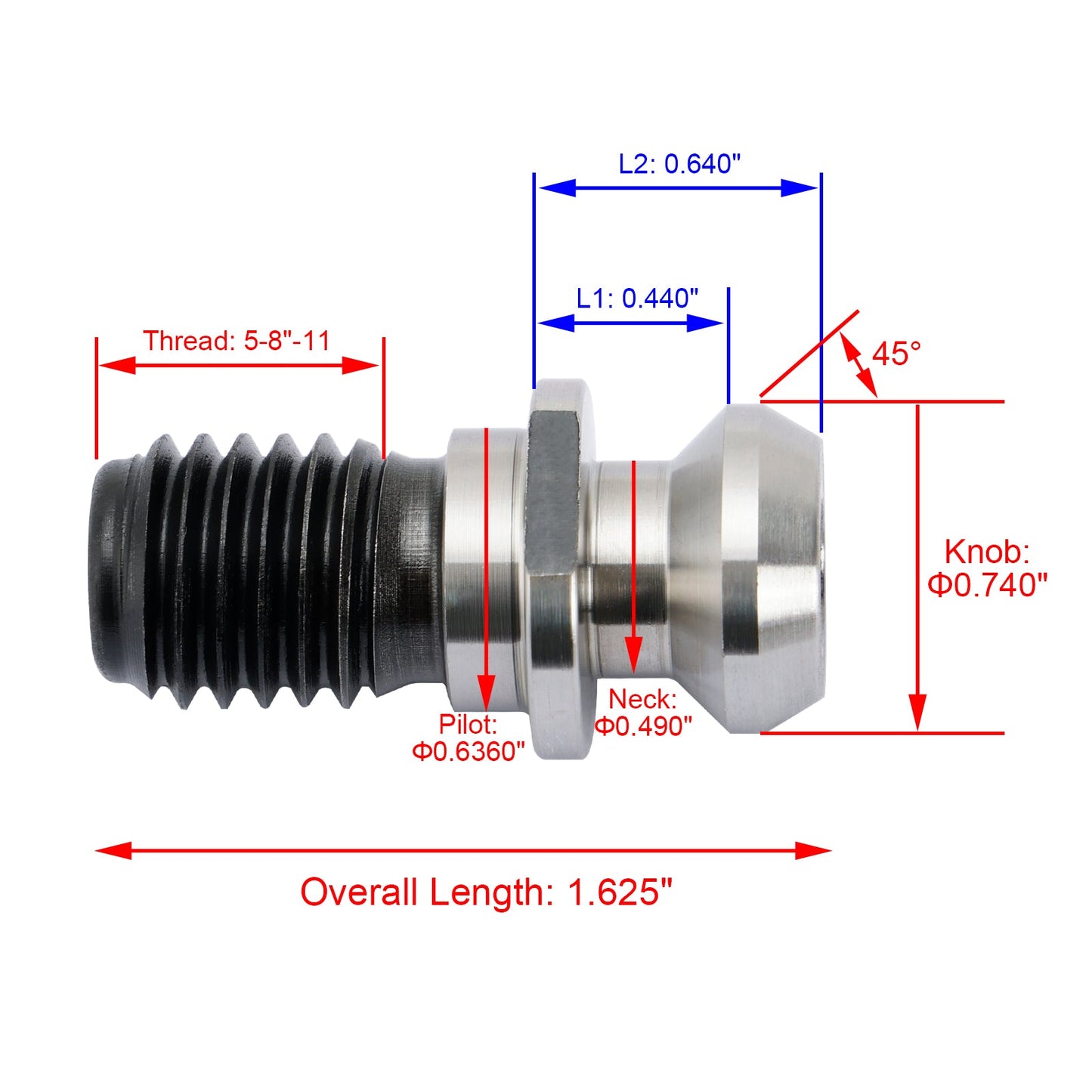 5Pz CAT40 45° 0,740" Manopola di ritenzione del perno del liquido refrigerante per Mazak Fadal Argento