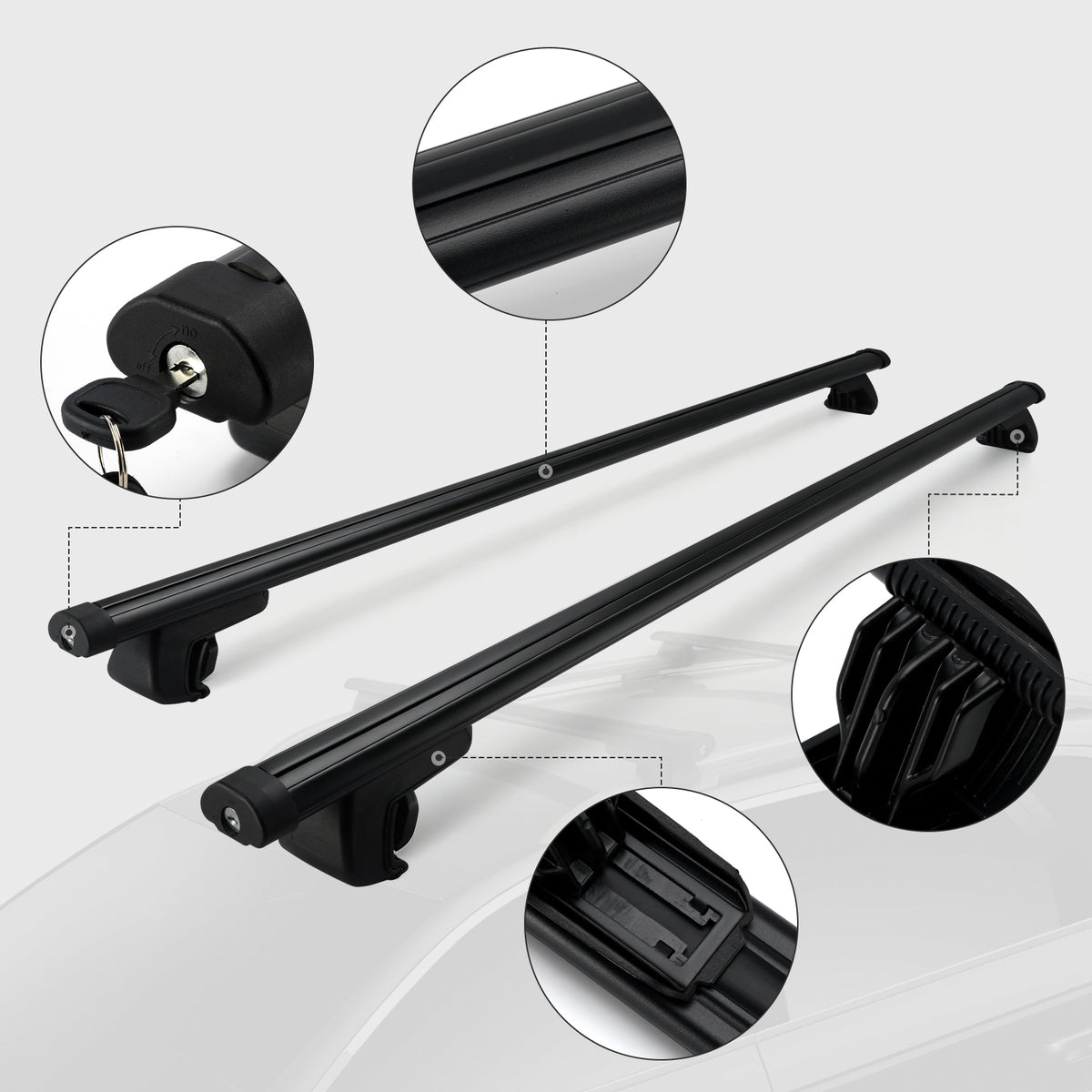 Barre trasversali universali in alluminio per portapacchi da tetto auto, 120 cm, con chiusura a chiave.