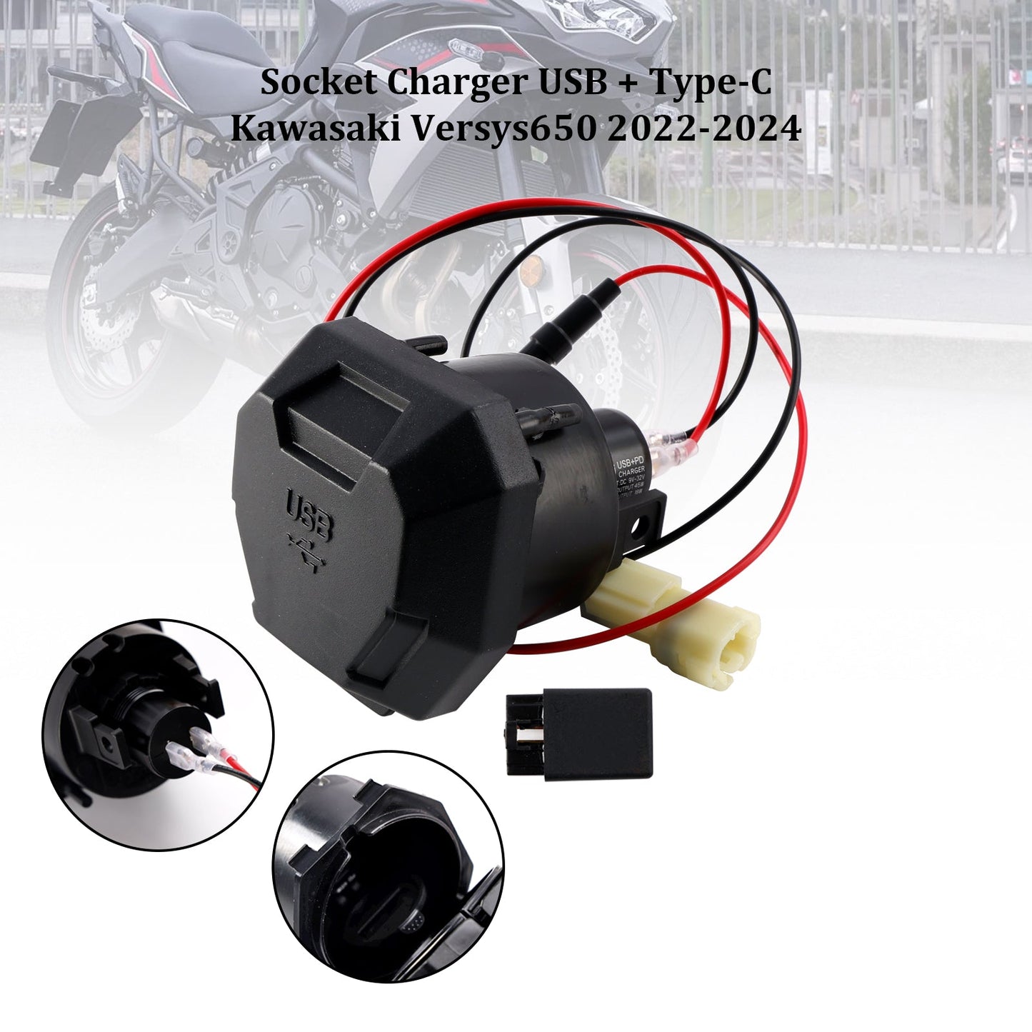 Caricabatterie rapido Kawasaki Versys 650 2022-2024 con presa destra USB + Type-C