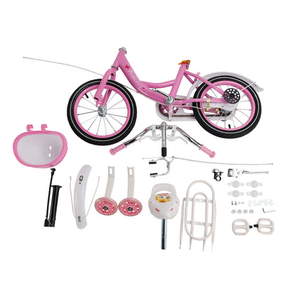 Bicicletta da principessa per bambini da 18" per ragazze, con ruote da allenamento rimovibili, rosa/viola