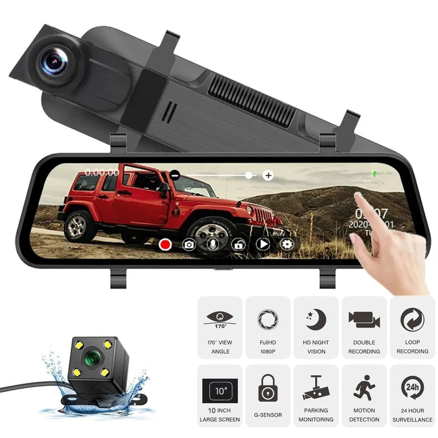 Registratore di guida con streaming multimediale e specchietto retrovisore HD 1080P a schermo intero da 10 pollici