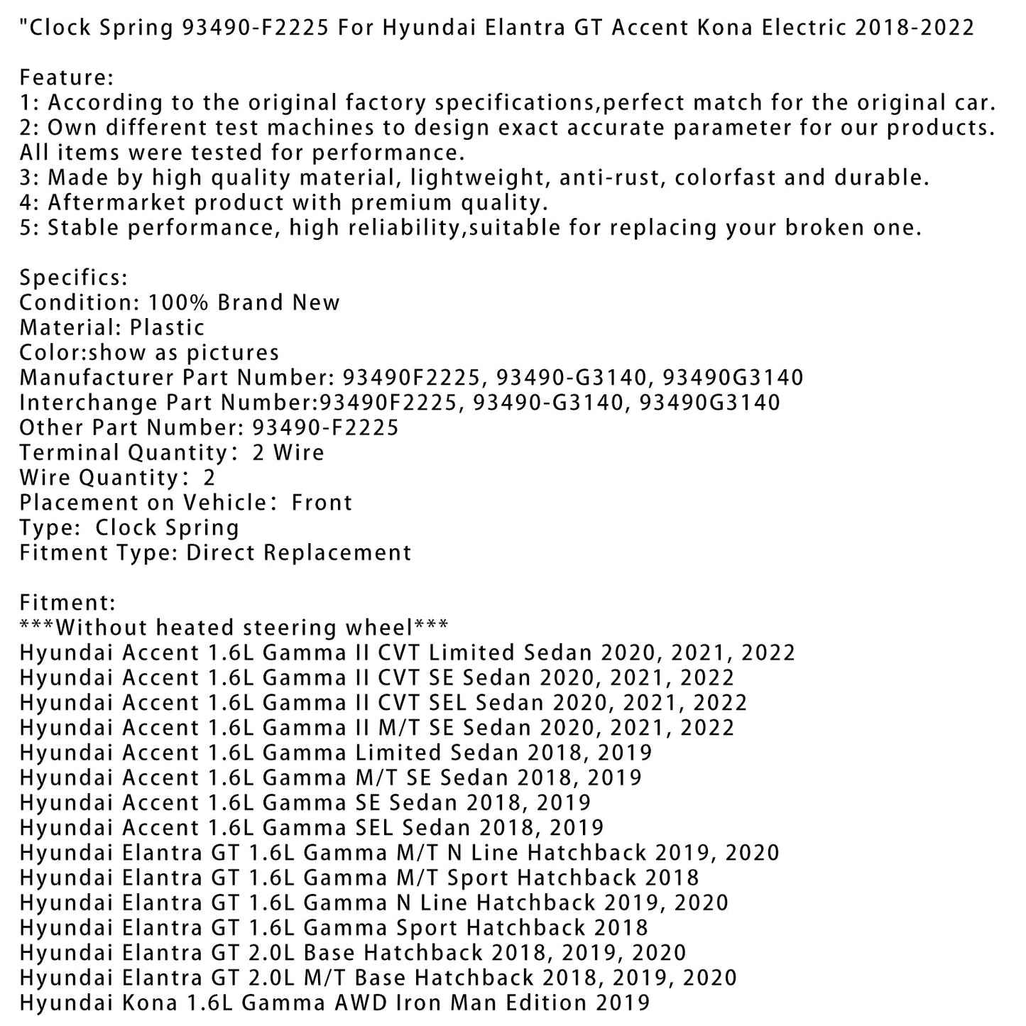 Molla di sospensione 93490-F2225 per Hyundai Elantra GT Accent Kona Electric 2018-2022