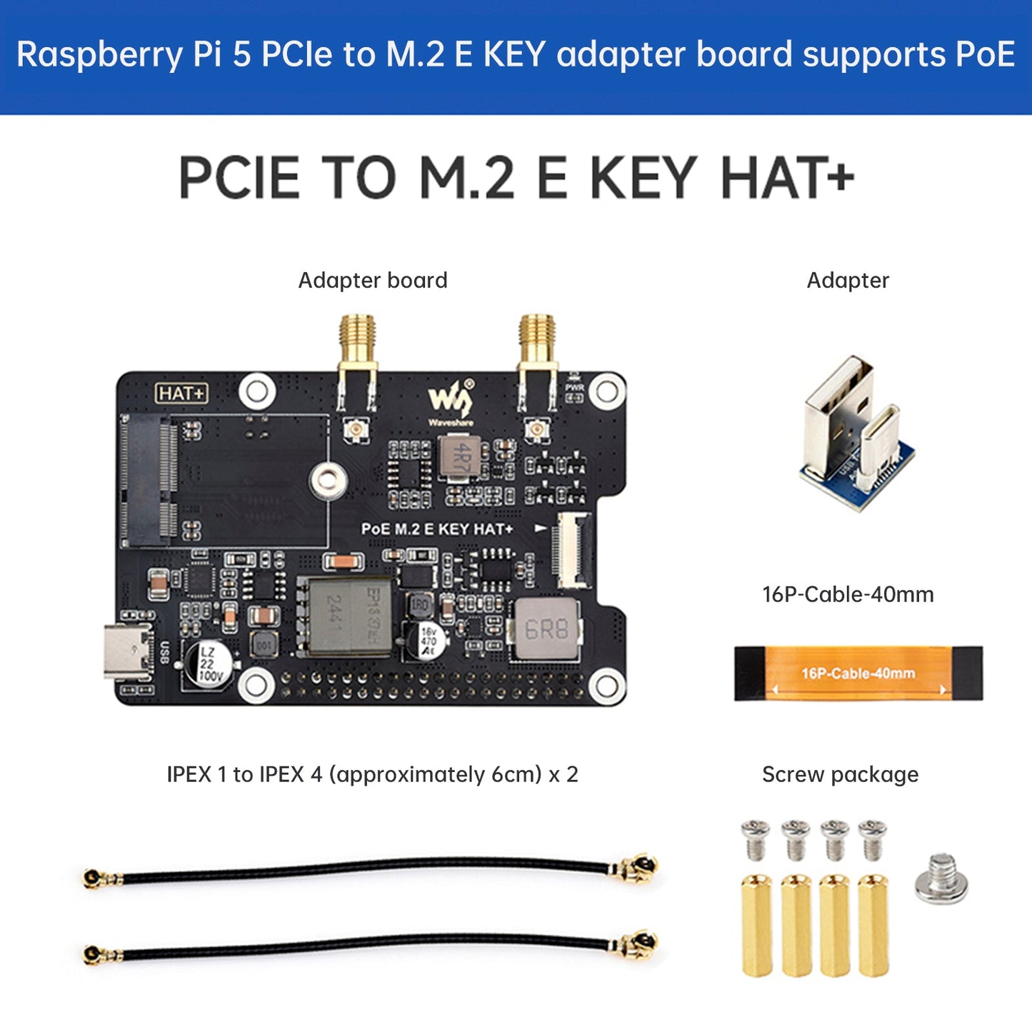 Scheda adattatore di alimentazione Ethernet PoE per Raspberry Pi 5 PCIe a M.2 E Key