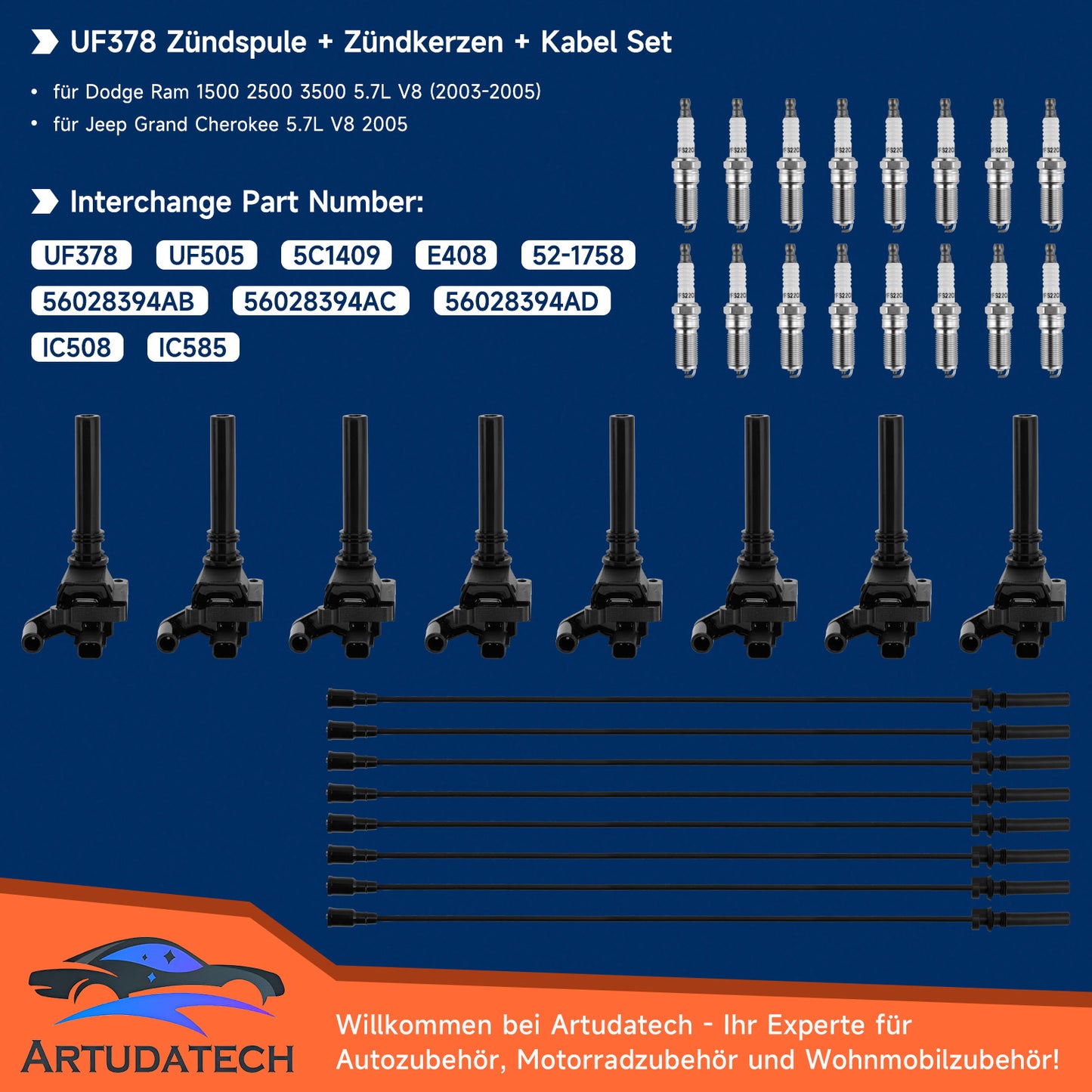 Dodge Ram 1500 2500 3500 5.7L V8 UF378 Bobina di accensione+Candela+Set cavi