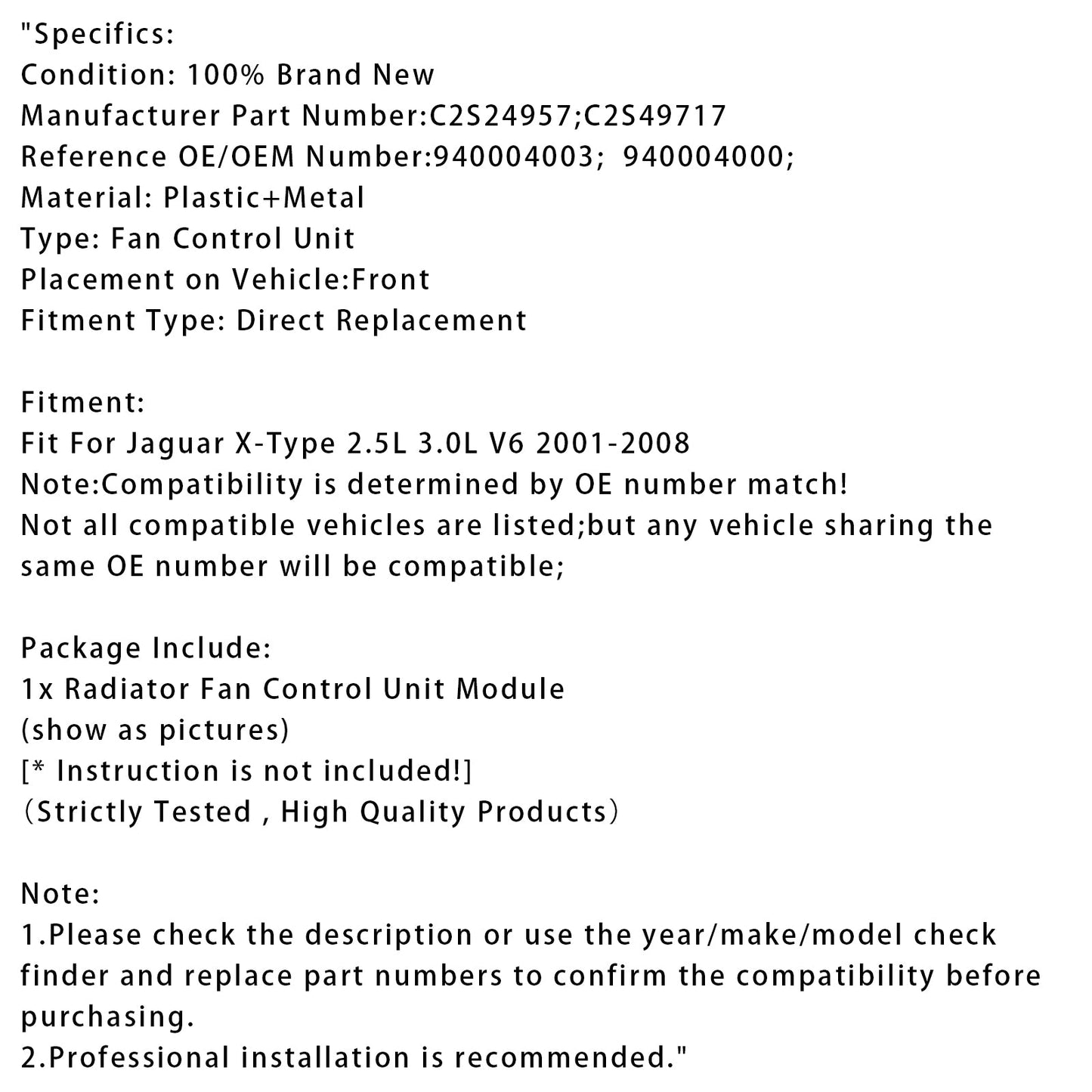 Modulo di controllo della ventola del radiatore Jaguar X-Type 2.5L 3.0L V6 2001-2008 C2S24957