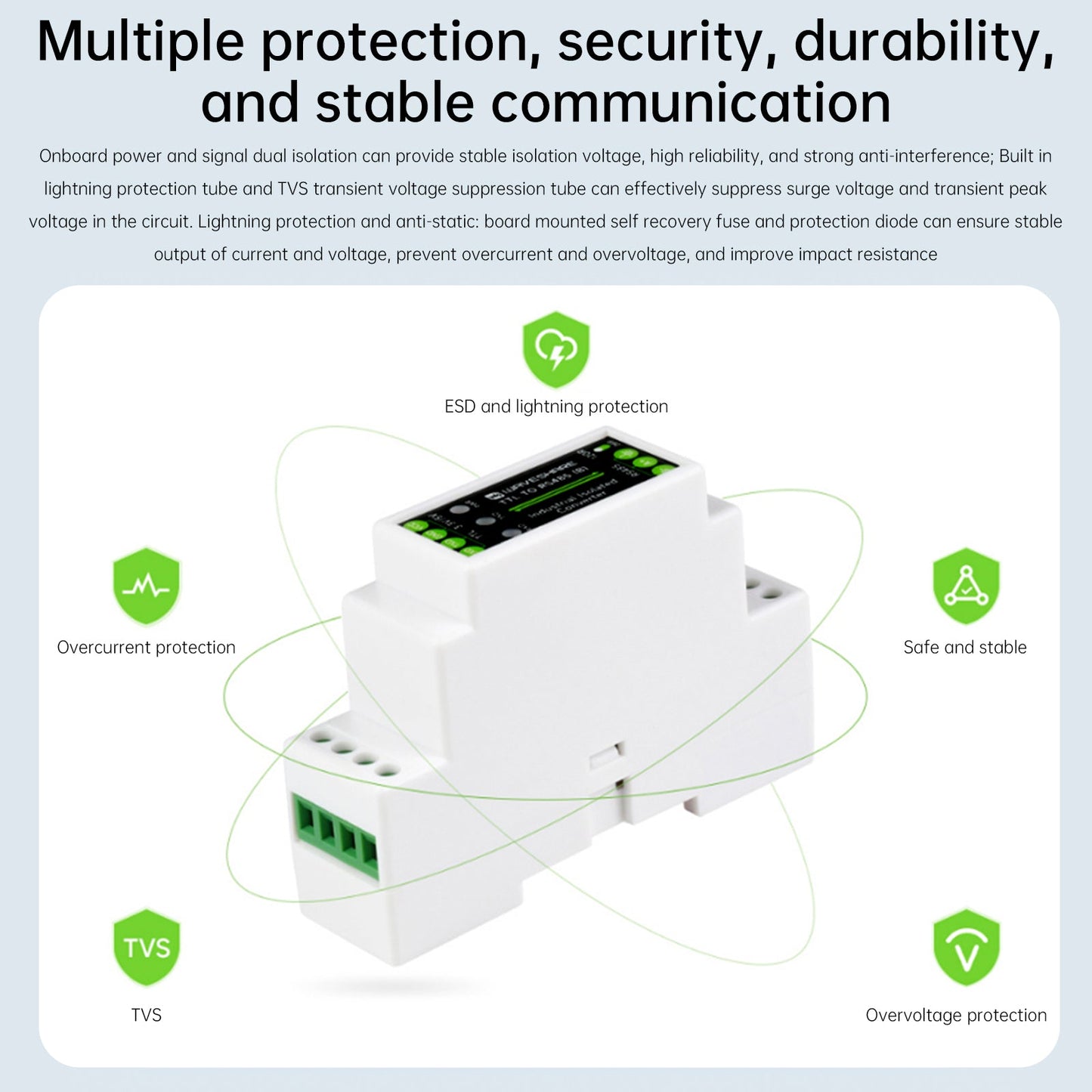 Modulo di isolamento elettrico da TTL a RS485 Convertitore seriale su guida DIN Protezione da sovratensioni