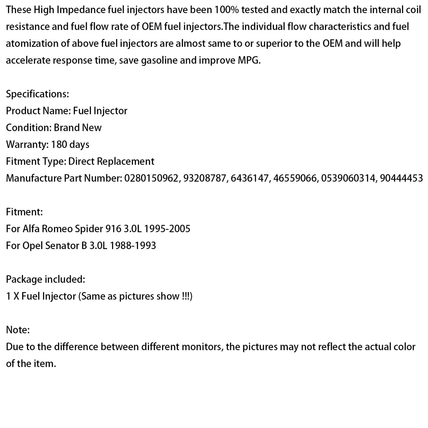 1 iniettore di carburante 0280150962 adatto per Opel Senator B 3.0L 1988-1993 93208787