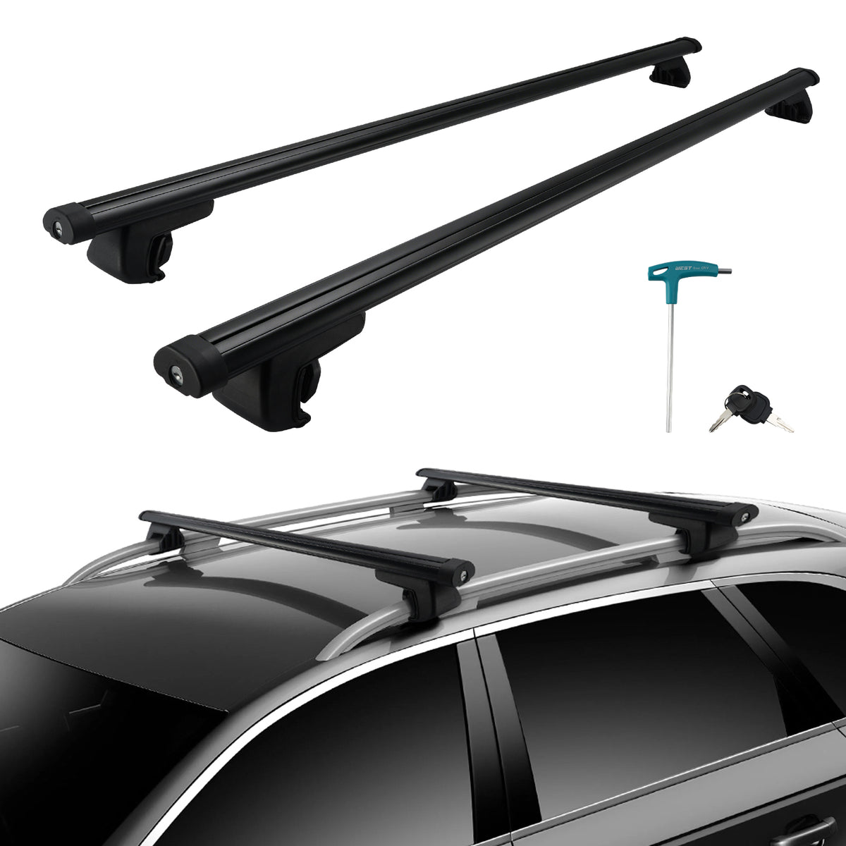 Barre trasversali universali in alluminio per portapacchi da tetto auto, 120 cm, con chiusura a chiave.