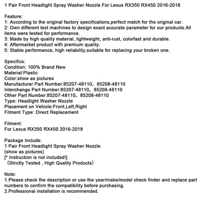 2016-2018 Lexus RX350 RX450 1 paio di ugelli lavavetri per fari anteriori