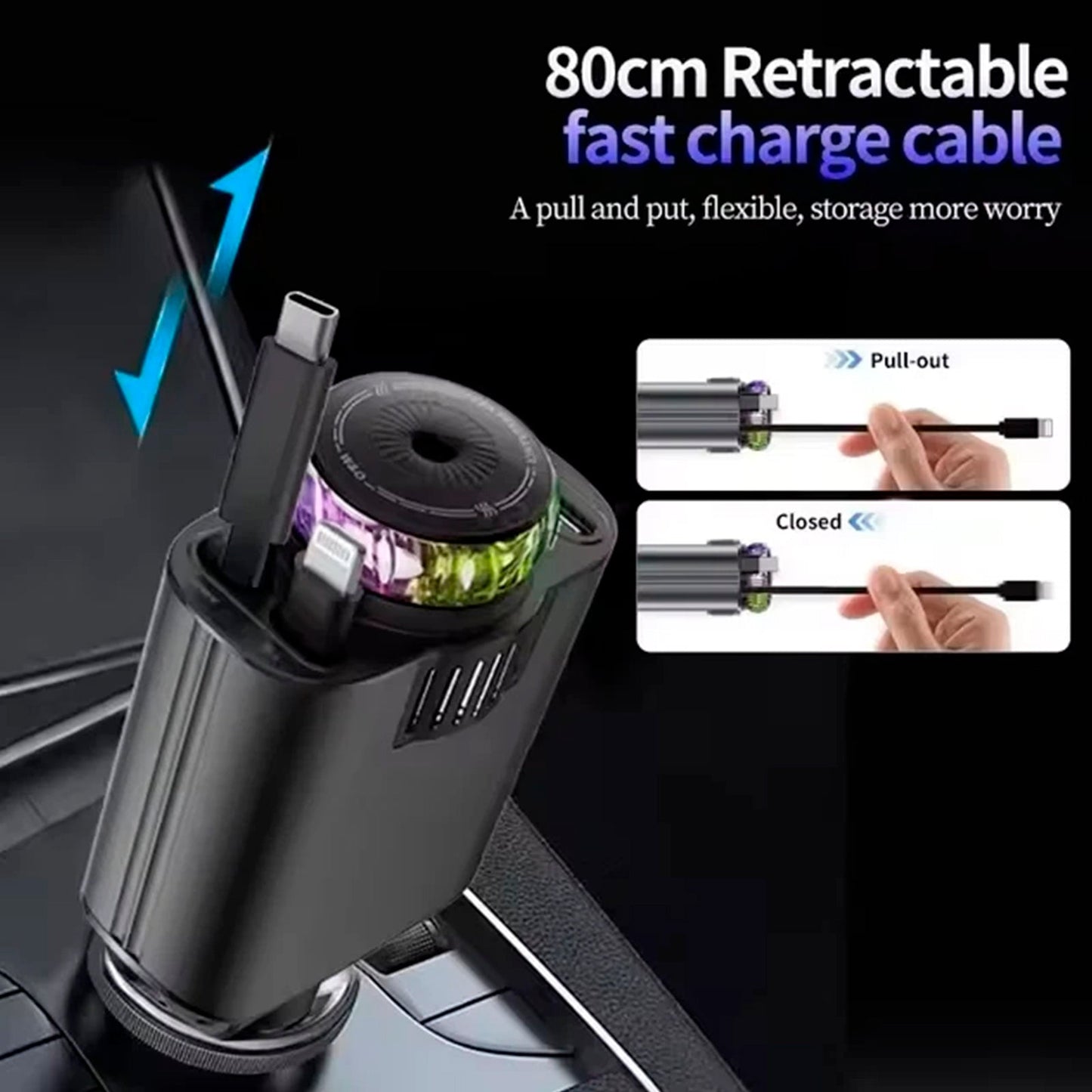 Caricabatterie per auto super veloce da 120 W con cavo retrattile Caricabatterie intelligente per deodoranti per ambienti