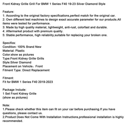 Griglia anteriore a doppio rene per BMW Serie 1 F40 19-23 stile diamante argento