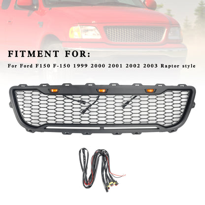 Griglia paraurti anteriore a nido d'ape nera opaca stile Raptor per Ford F150 1999-2003 con LED