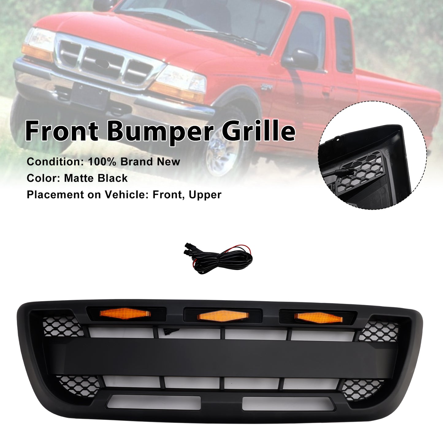 Griglia paraurti anteriore nera opaca Ford Ranger 1998-2000 con luce a LED