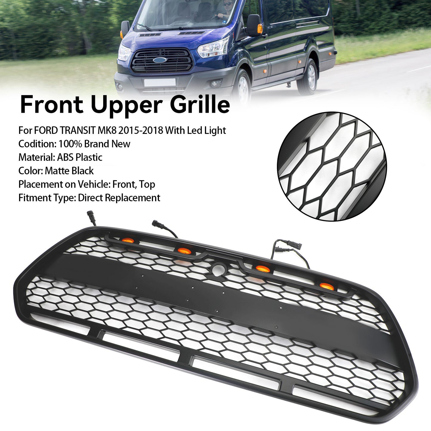 2015-2018 Ford Transit MK8 Raptor Griglia del paraurti anteriore nero matto w / LED