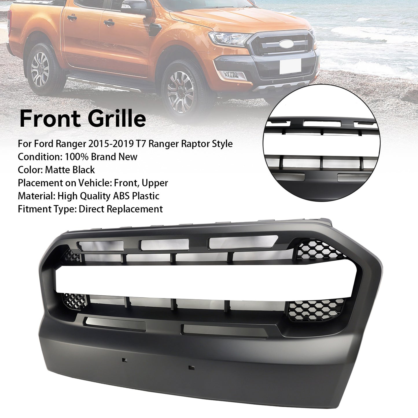 Griglia paraurti anteriore Matt Black Ford Ranger 2015-2019 T7 Stile Raptor
