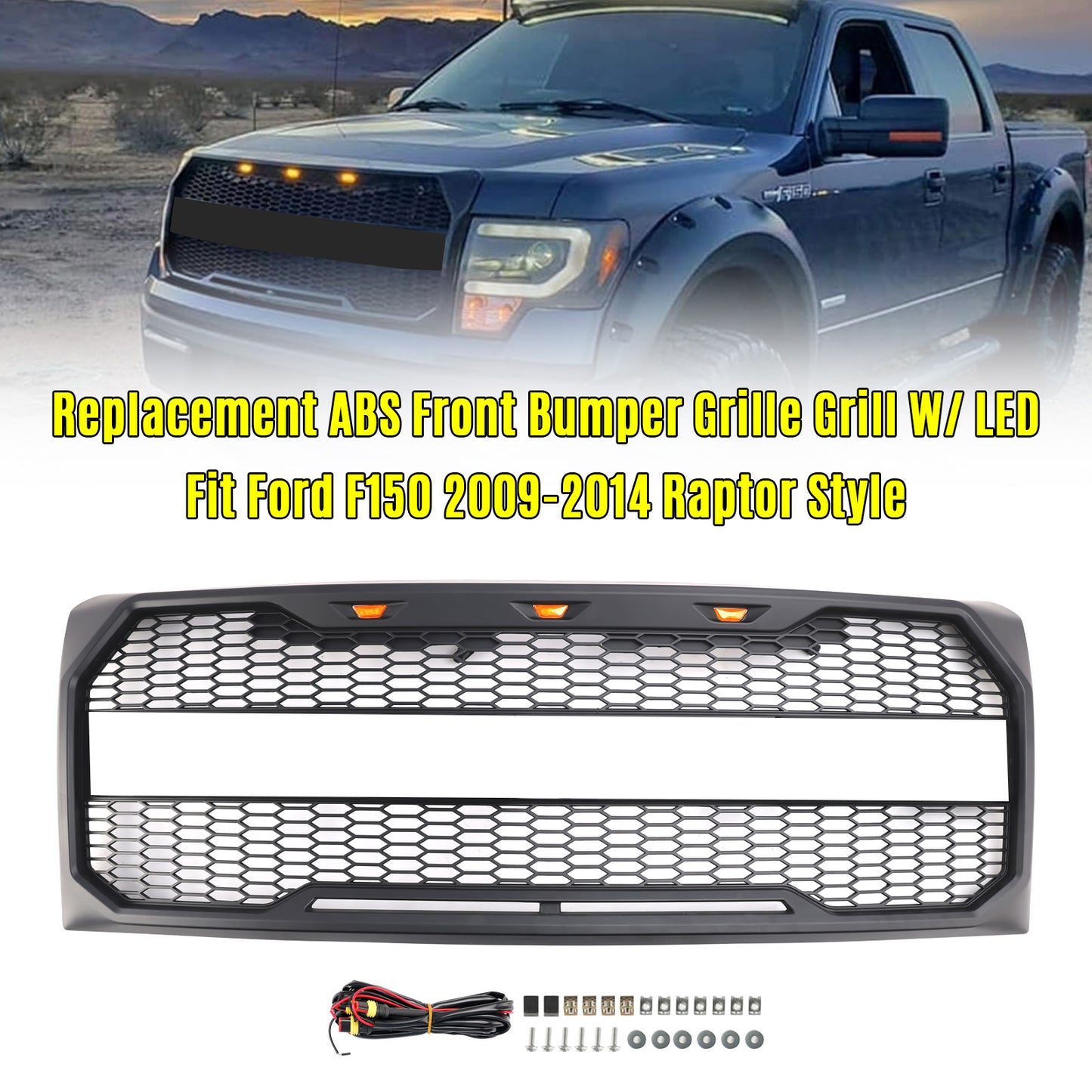 Grill per paraurti anteriore in stile Raptor con LED per Ford F150 2009-2014 Nero