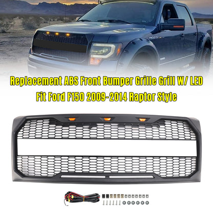 Grill per paraurti anteriore in stile Raptor con LED per Ford F150 2009-2014 Nero