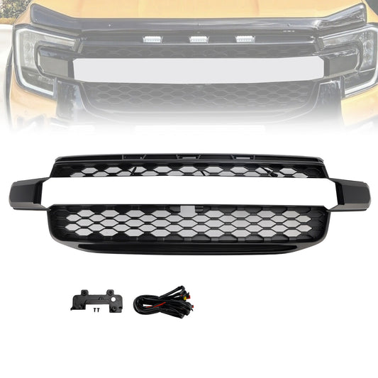 Per 2023-2024 Ford Ranger/Everest Next Gen T9 Raptor Style Griglia paraurti anteriore sostitutiva Griglia nera con luce LED bianca