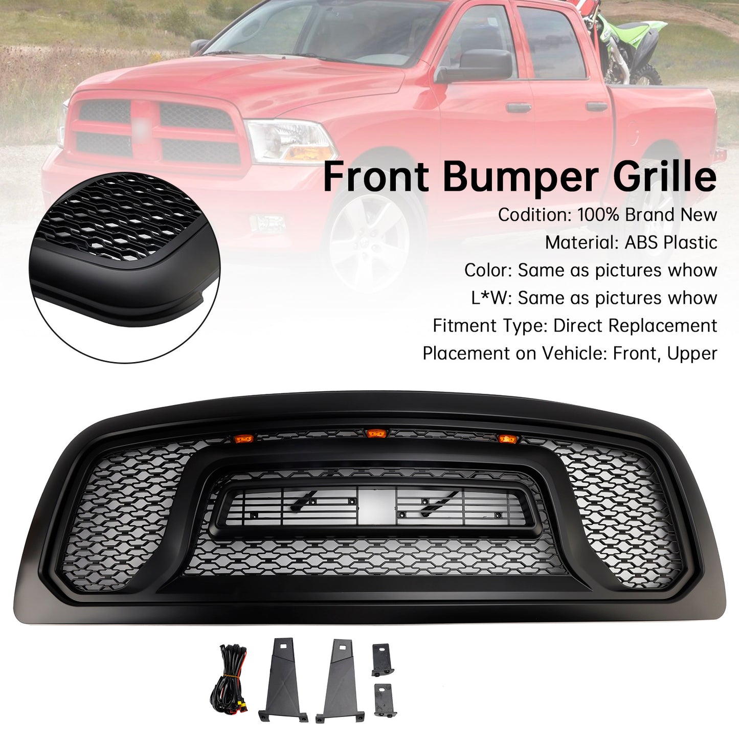 Griglia paraurti anteriore nera con luce a LED per Dodge Ram 1500 2009-2012