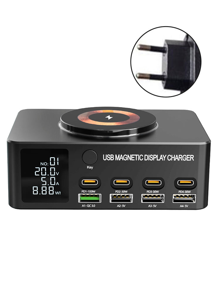 Caricabatterie rapido da 140 W con display digitale intelligente PD100W per telefoni cellulari e notebook, caricabatterie multiporta USB magnetico con ricarica wireless, spina UE