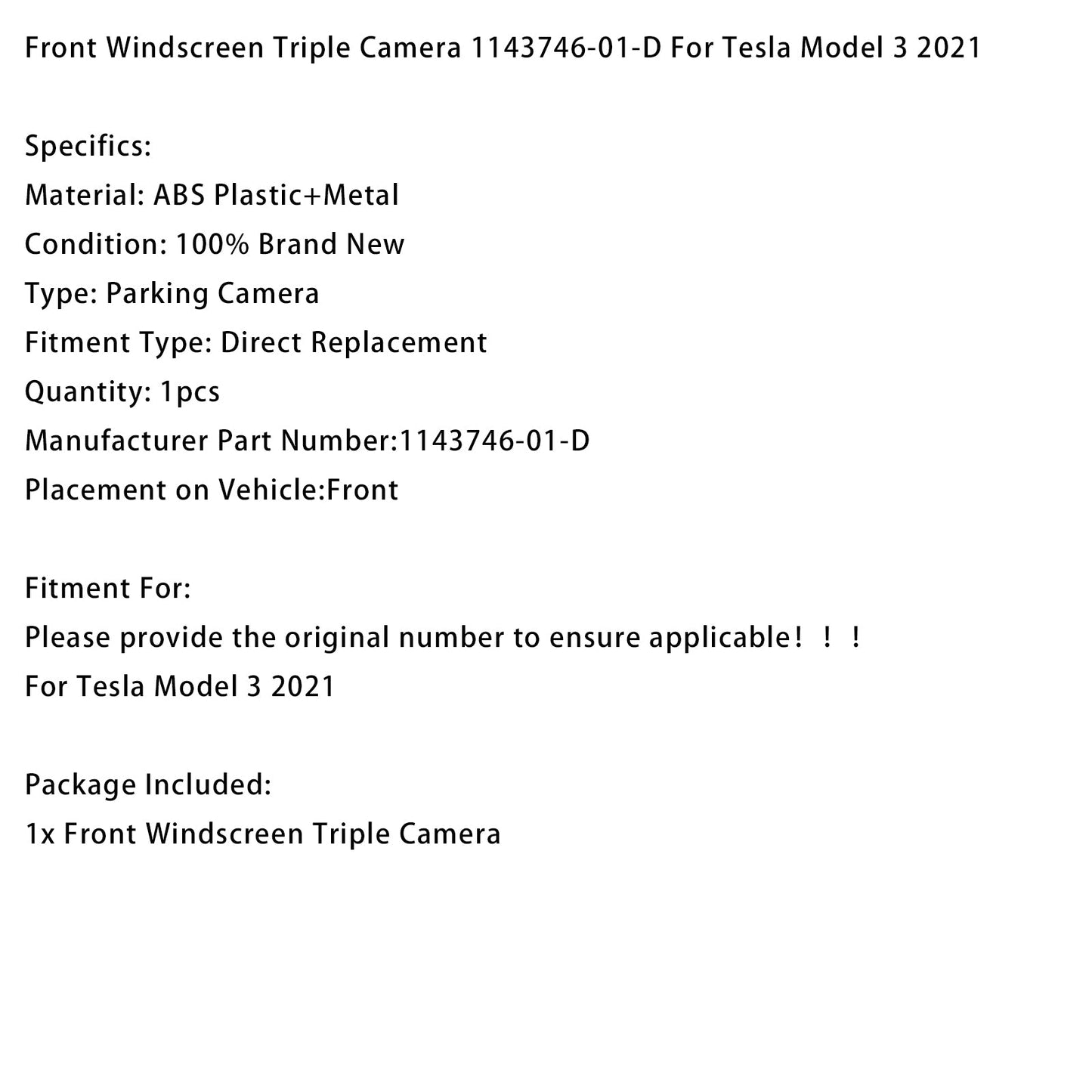 Parabrezza anteriore Tesla Model 3 2021 con tripla telecamera 1143746-01-D