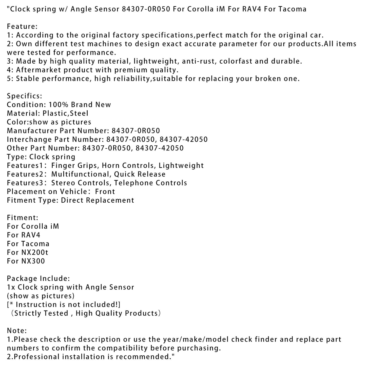 Molla dell'orologio con sensore angolare 84307-0R050 per Corolla iM per RAV4 per Tacoma