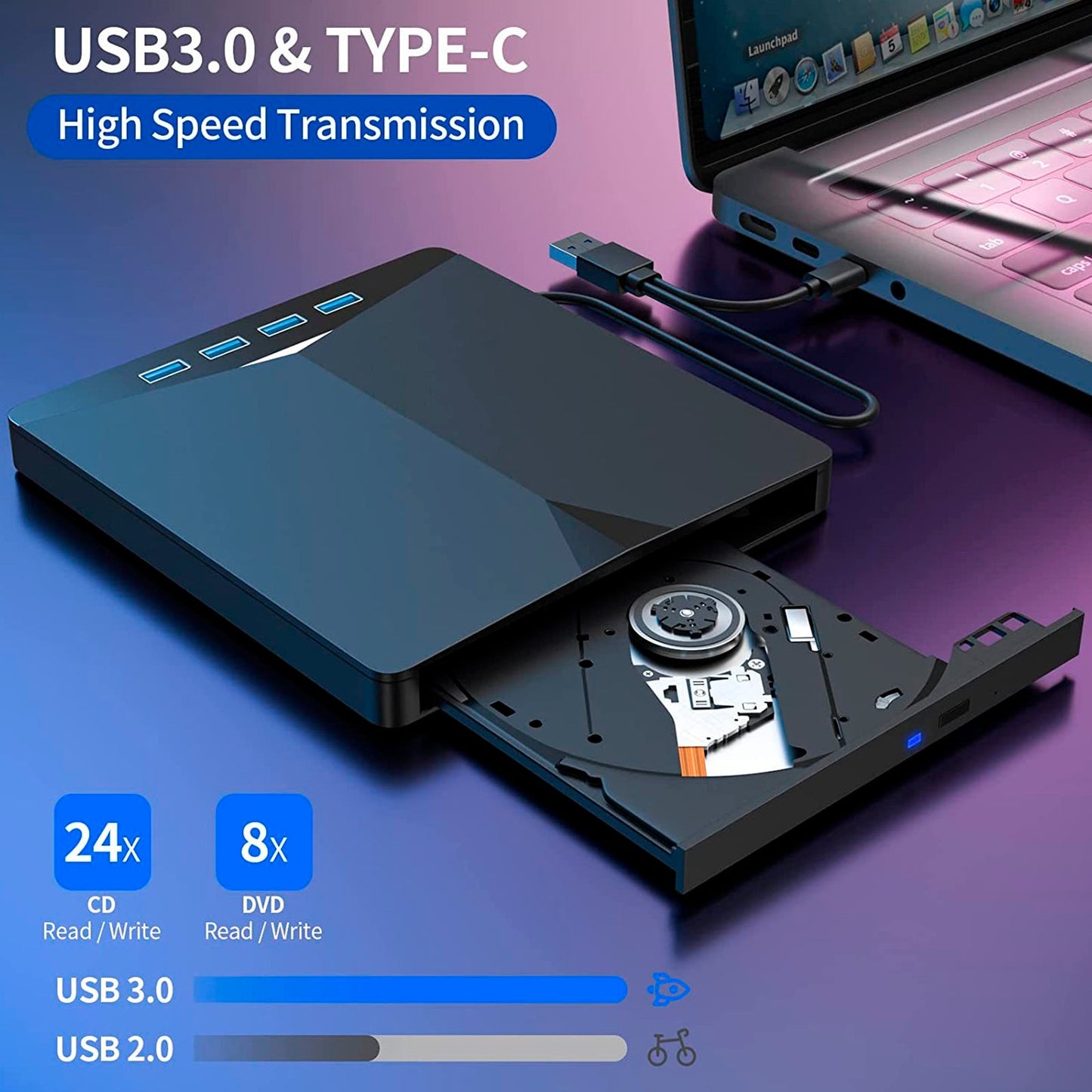 Masterizzatore BD 7 in 1 esterno USB 3.0, lettore DVD, CD, registratore 3D, lettore di film.