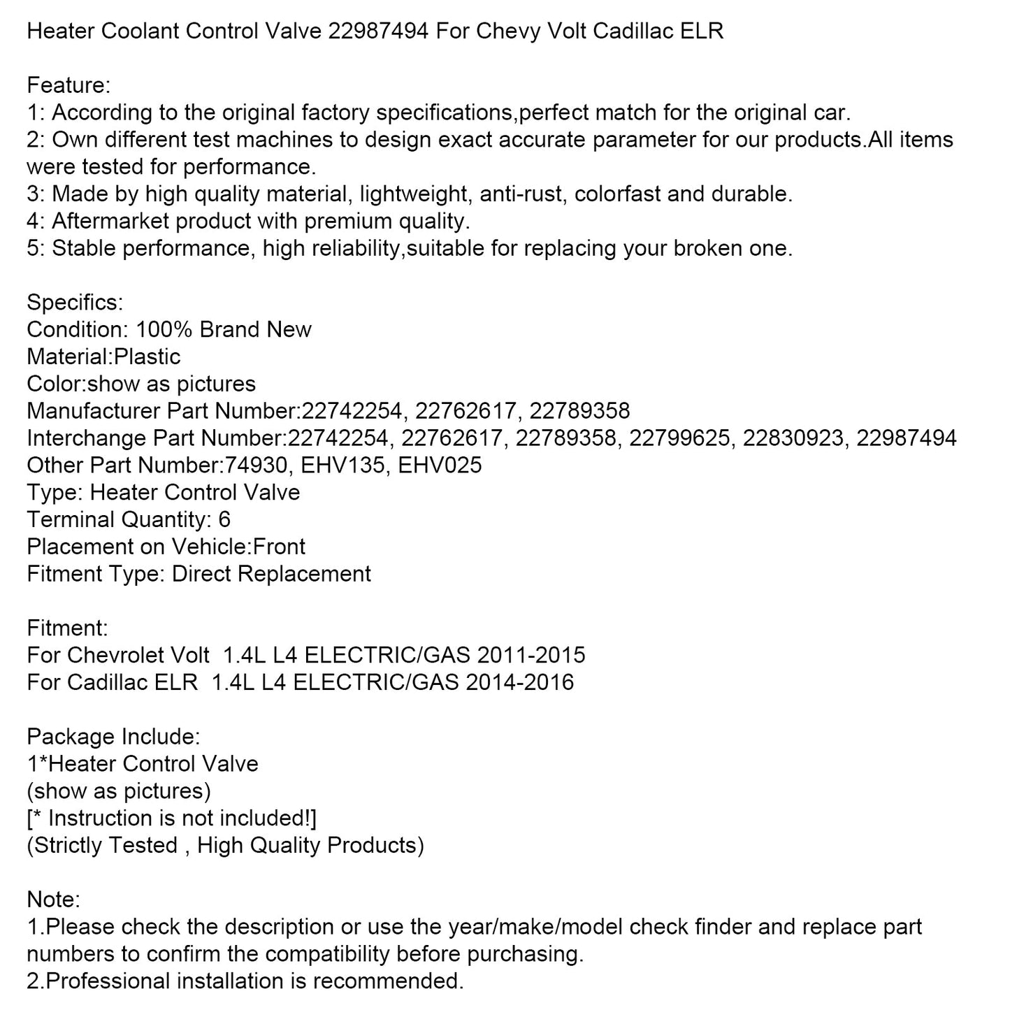Valvola di controllo del liquido di raffreddamento del riscaldatore 22987494 per Chevy Volt Cadillac ELR
