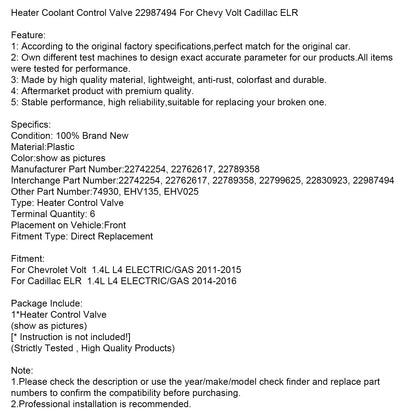 Valvola di controllo del liquido di raffreddamento del riscaldatore 22987494 per Chevy Volt Cadillac ELR
