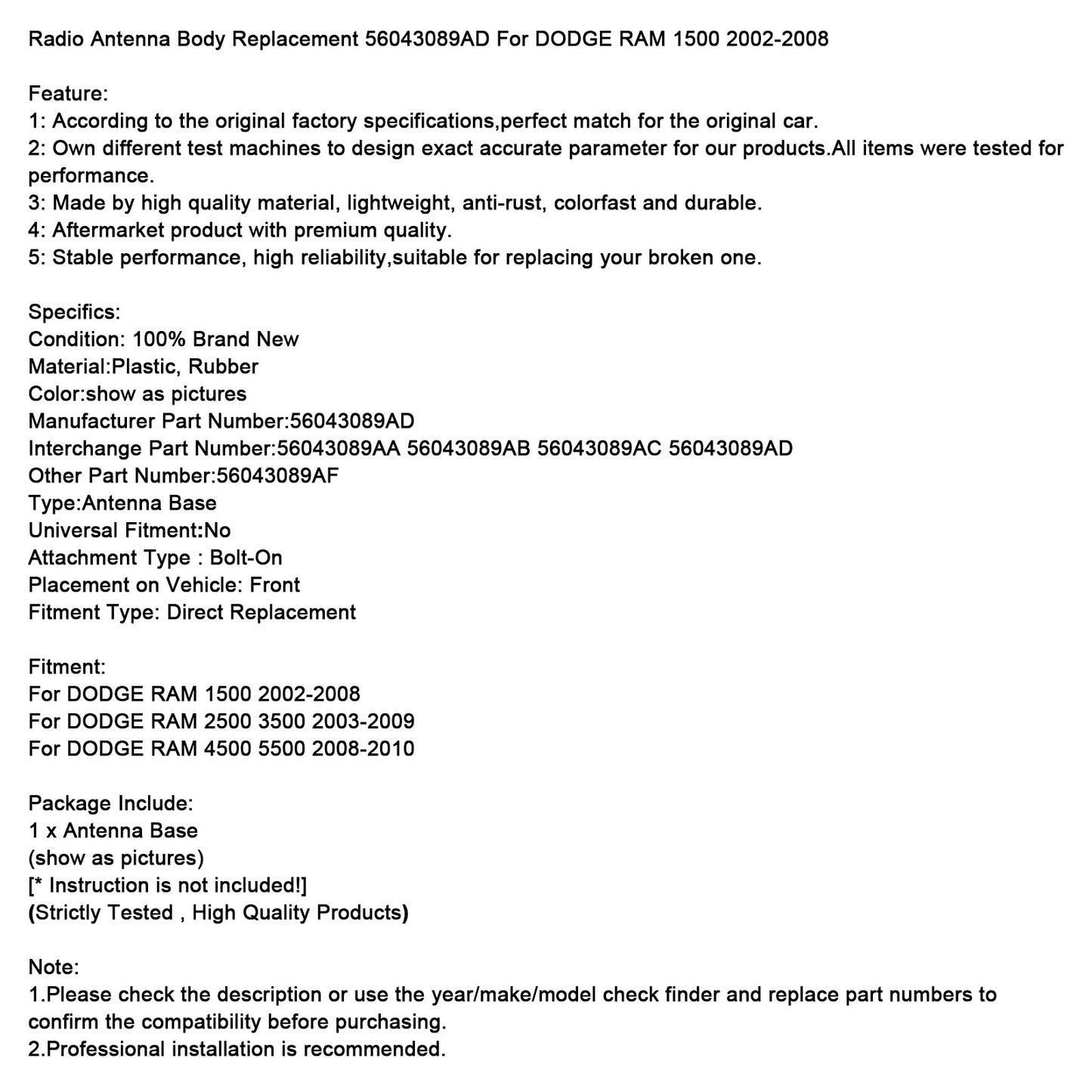 Sostituzione corpo antenna radio 56043089AD per DODGE RAM 1500 2002-2008