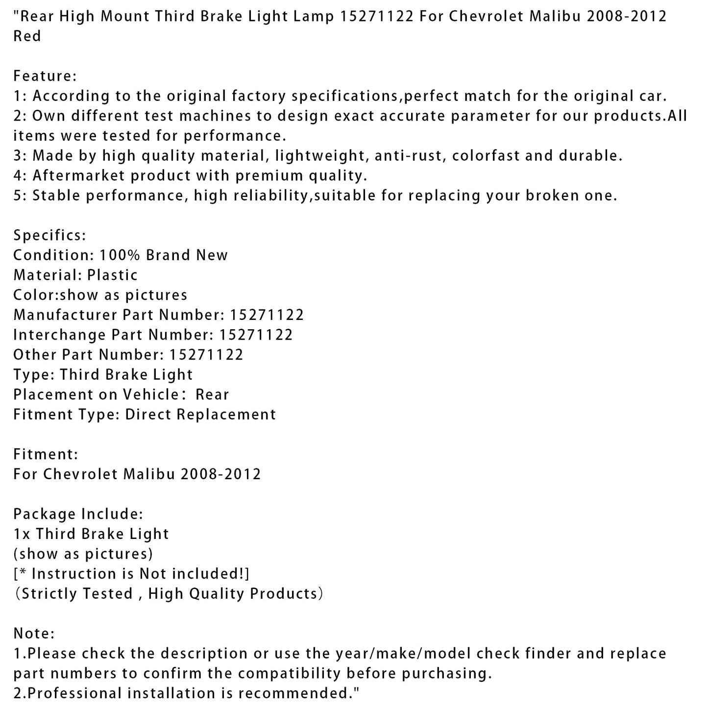 Lampada luce freno posteriore alta Chevrolet Malibu 2008-2012 rossa