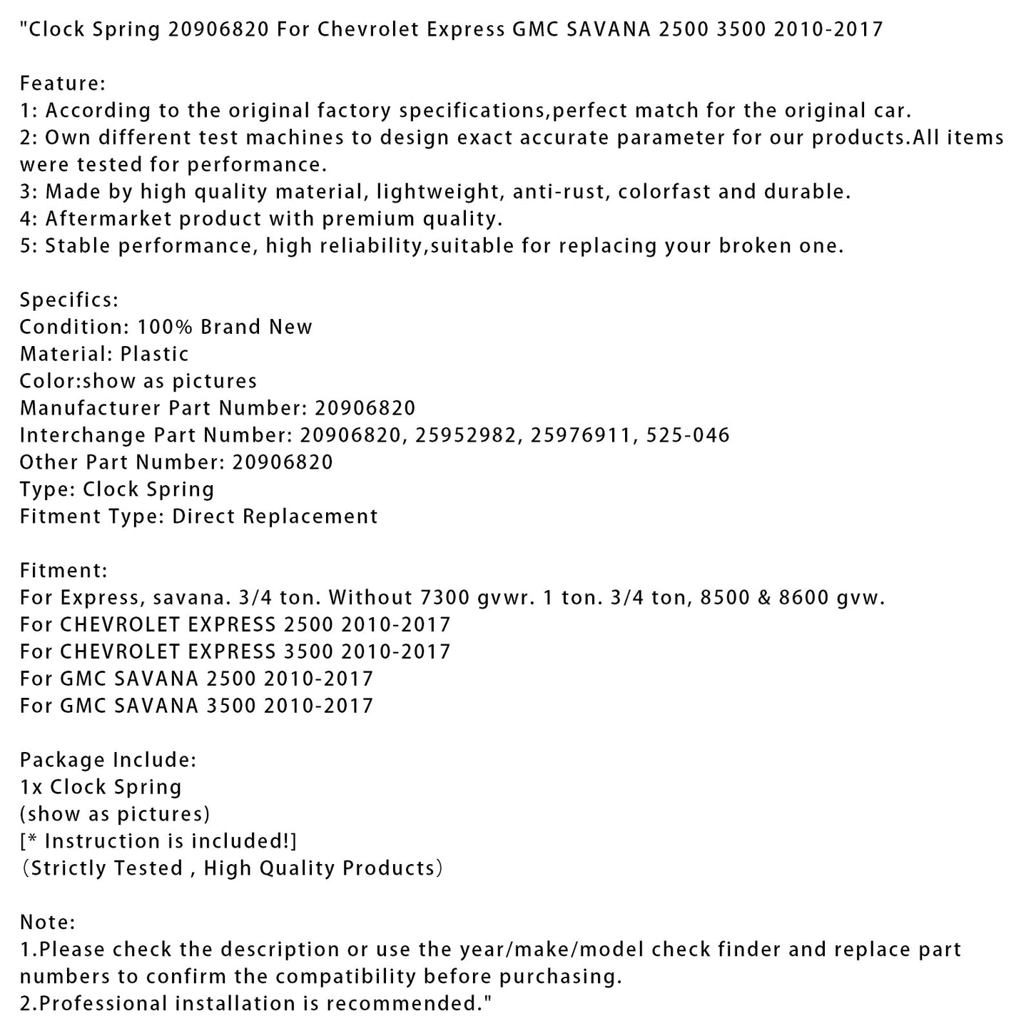 Molla dell'orologio 2010-2017 Chevrolet Express GMC SAVANA 2500 3500 20906820