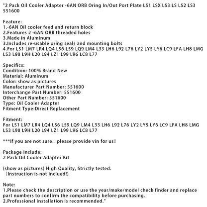Adattatore per radiatore dell'olio da 2 pezzi - Piastra porta ingresso/uscita ORB 6AN LS1 LSX LS3 LS LS2
