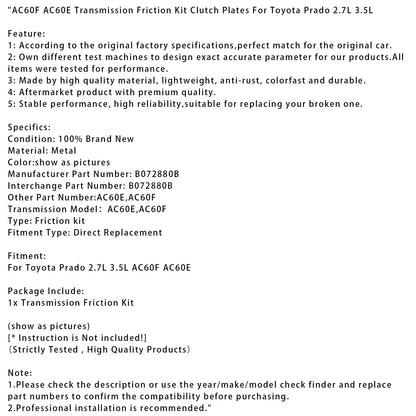 Kit di attrito della trasmissione Toyota Prado 2.7L 3.5L, dischi frizione AC60F AC60E