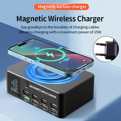 Caricabatterie rapido da 140 W con display digitale intelligente PD100W per telefoni cellulari e notebook, caricabatterie multiporta USB magnetico con ricarica wireless, spina UE