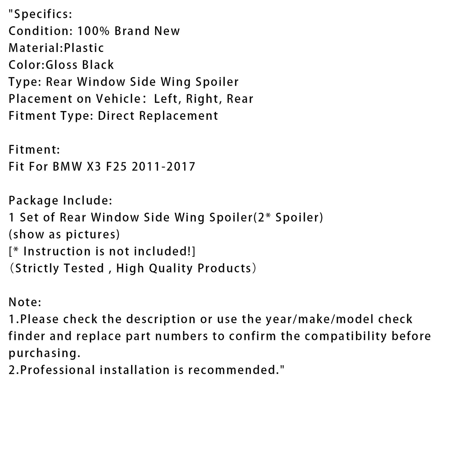 Spoiler laterali per lunotto posteriore BMW X3 F25 2011-2017, nero lucido, coppia