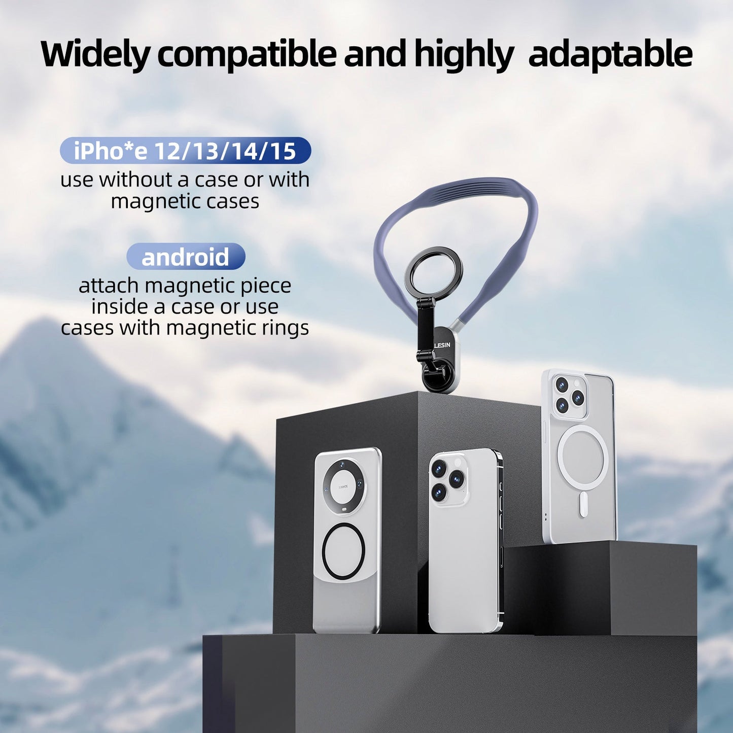 Supporto magnetico per collo con sgancio rapido e assorbimento degli urti per telefono cellulare
