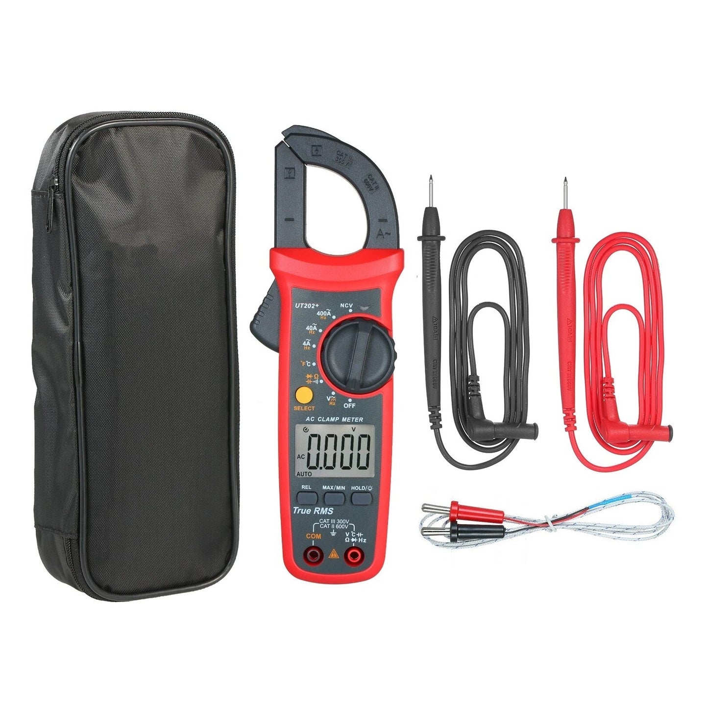 Multimetro portatile UT202+ con selezione automatica della portata, misuratore True RMS a pinza e display LCD.