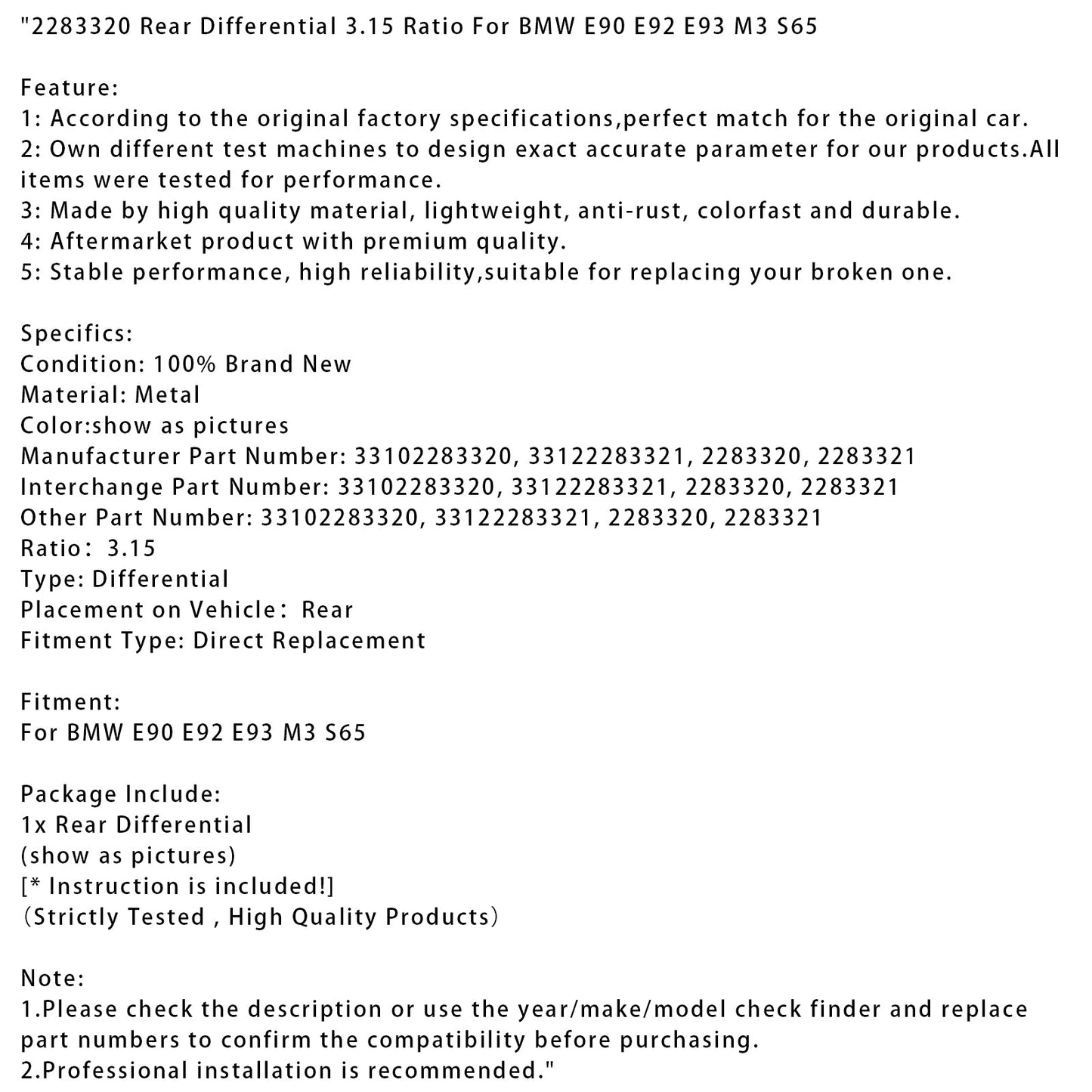 Differenziale posteriore BMW E90 E92 E93 M3 S65 rapporto 3,15 2283320