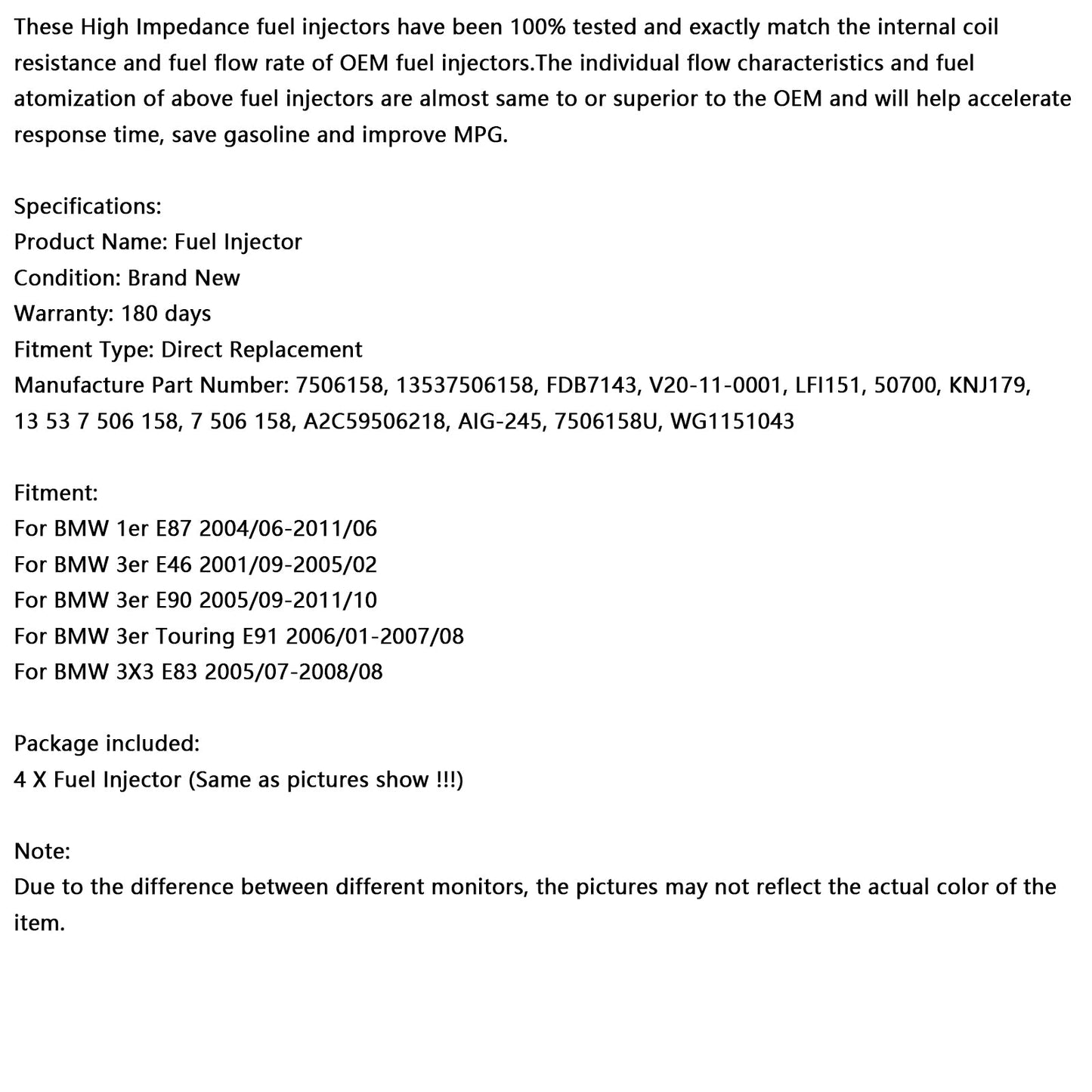 Iniettore di carburante 4 pezzi 13537506158 adatto per BMW 116i 120i 316i 318i 320i X3 Z4 7506158
