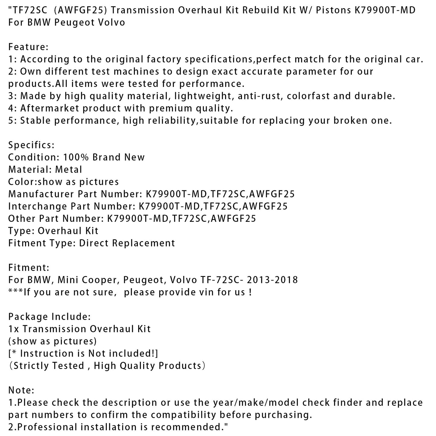 Kit di revisione della trasmissione BMW, Mini Cooper, Peugeot, Volvo 2013-2018 con pistoni TF-72SC