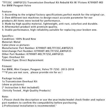 Kit di revisione della trasmissione BMW, Mini Cooper, Peugeot, Volvo 2013-2018 con pistoni TF-72SC