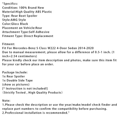 Spoiler posteriore per bagagliaio Mercedes-Benz Classe S W222 2014-2020 nero lucido