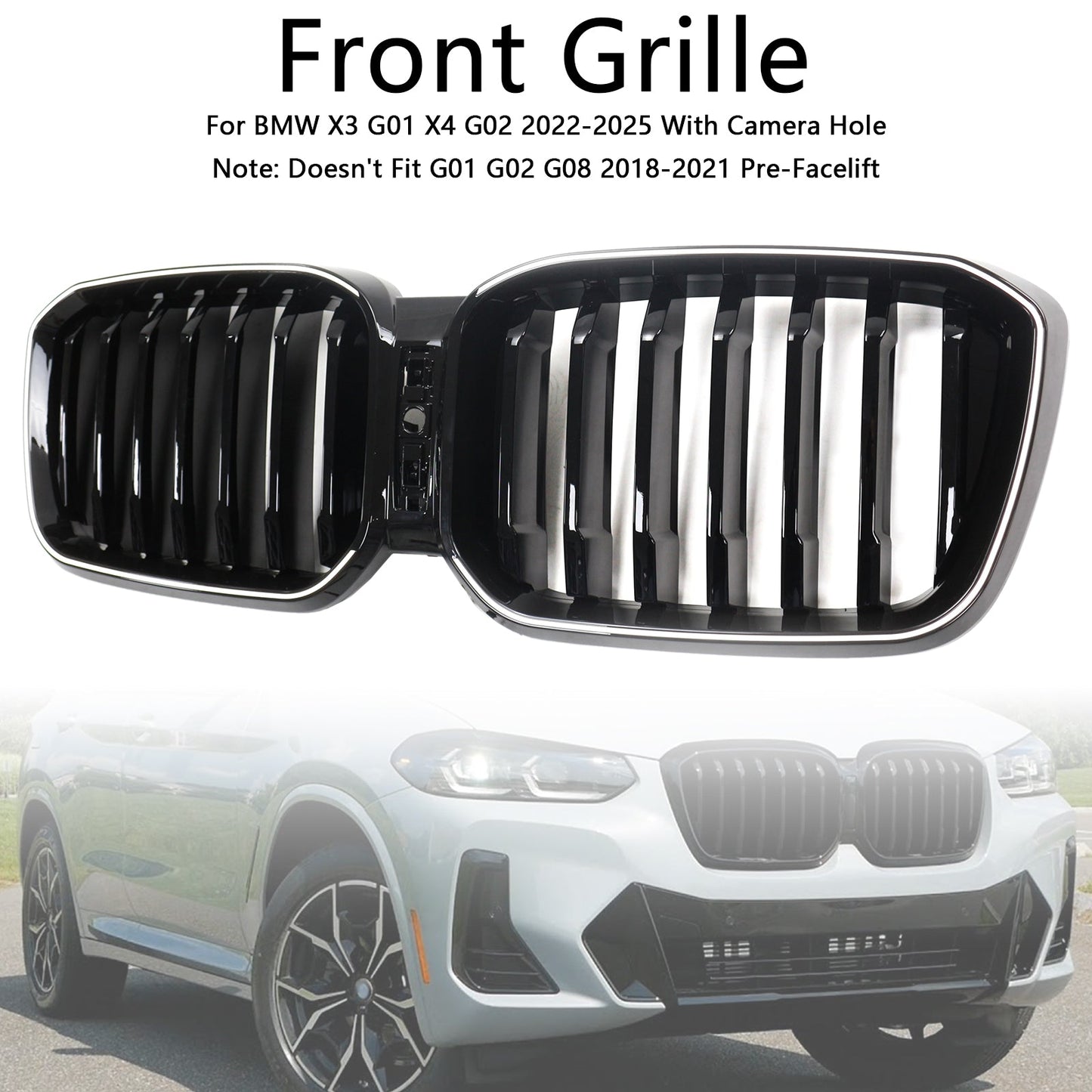 Griglia a rene paraurti anteriore nero lucido BMW X3 G01 X4 G02 2022-2025 con foro per telecamera