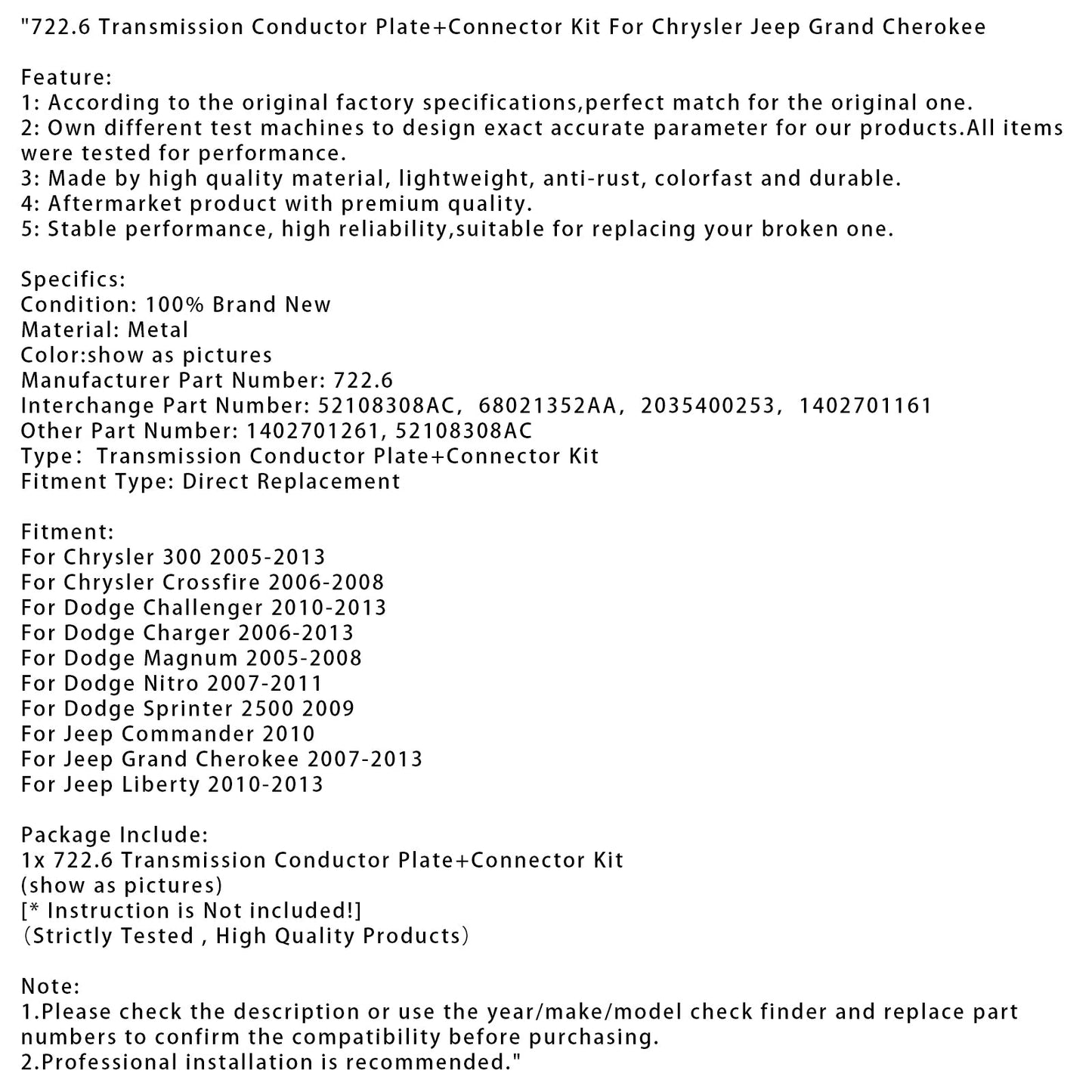Piastra conduttrice di trasmissione Dodge Nitro 722.6 2007-2011 + connettore 52108308AC 1402701261
