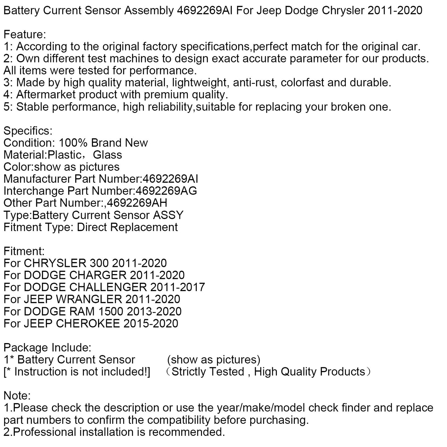 Gruppo sensore corrente batteria 4692269AI per Jeep Dodge Chrysler 2011-2020
