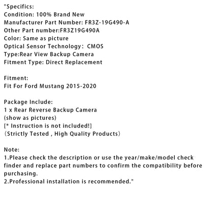 Telecamera di retromarcia posteriore per Ford Mustang 2015-2020, assistenza al parcheggio FR3Z-19G490-A