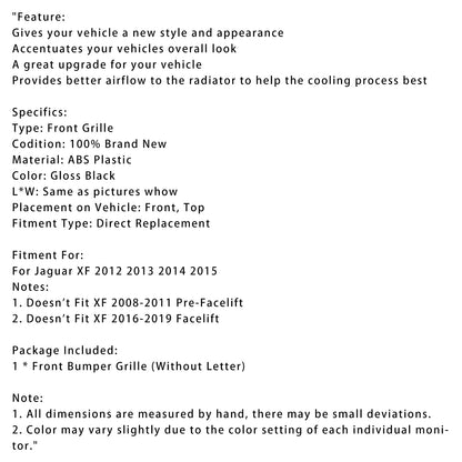 Griglia paraurti anteriore stile XF-R adatta per Jaguar XF 2012-2015, nero lucido